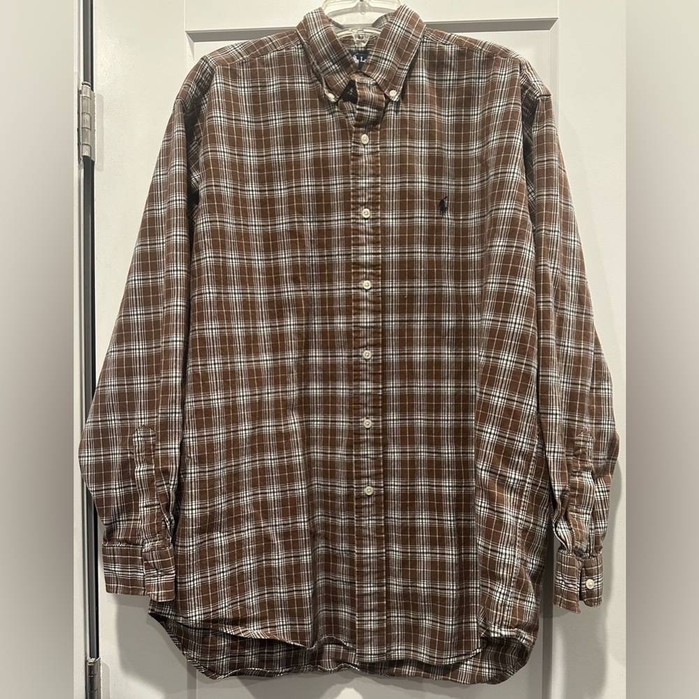 Vintage Ralph Lauren Men's Brown and White Plaid “Blaire” Shirt